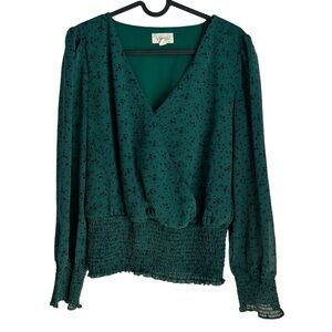 2/$15Meraki M Green Black Floral Long Sleeve Lined Blouse ruched sleeves & waist